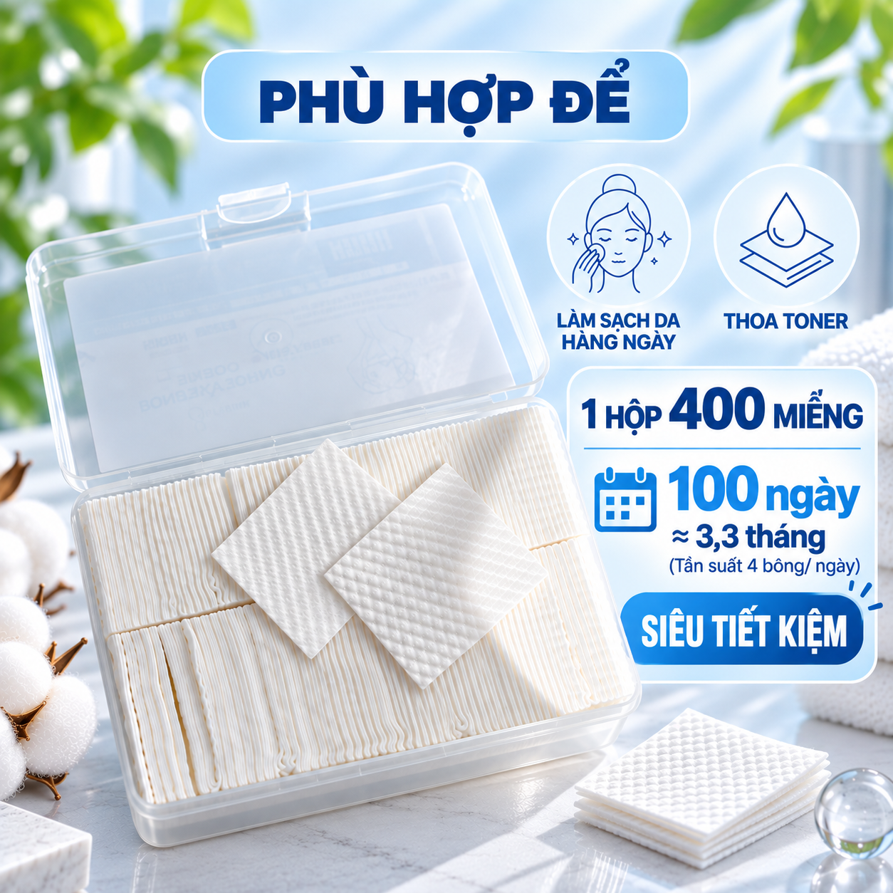 Bông tẩy trang Likado hộp 400 miếng kích thước 6cmx5cm