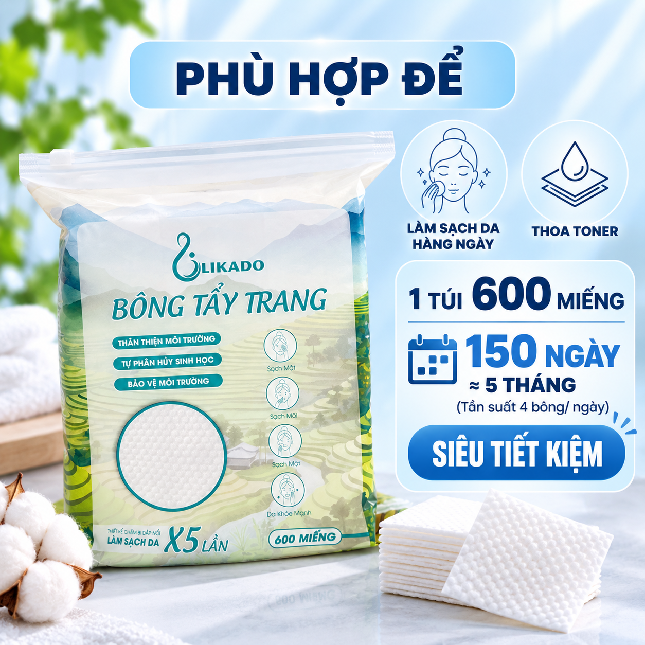 Bông tẩy trang Likado túi 600 miếng kích thước 6cmx5cm