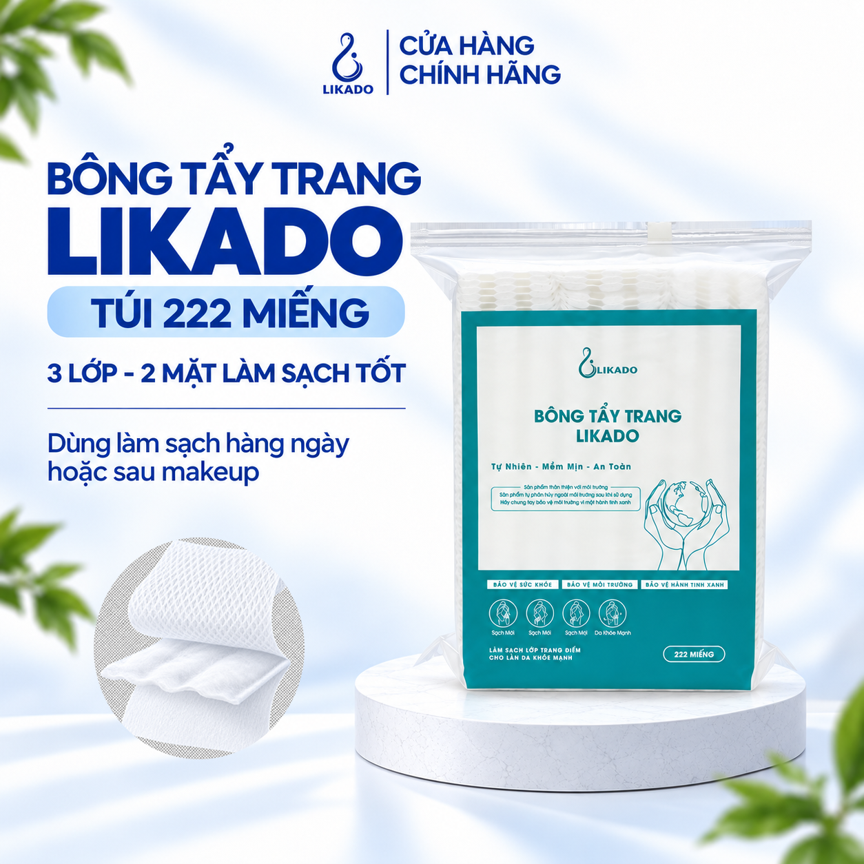 Bông tẩy trang 222 miếng Likado 3 lớp 2 mặt chất liệu Cotton túi 222 miếng