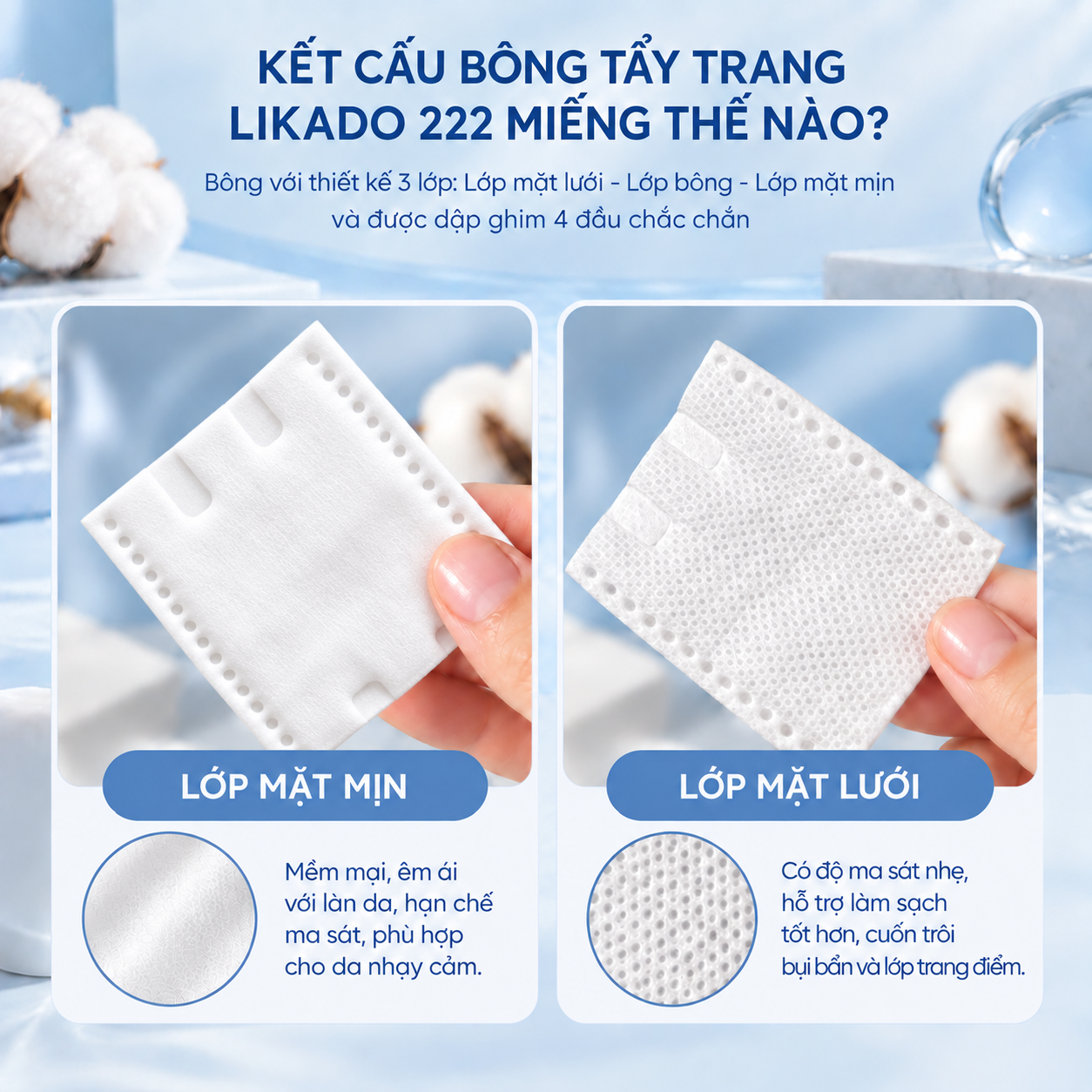Bông tẩy trang 222 miếng Likado 3 lớp 2 mặt chất liệu Cotton túi 222 miếng