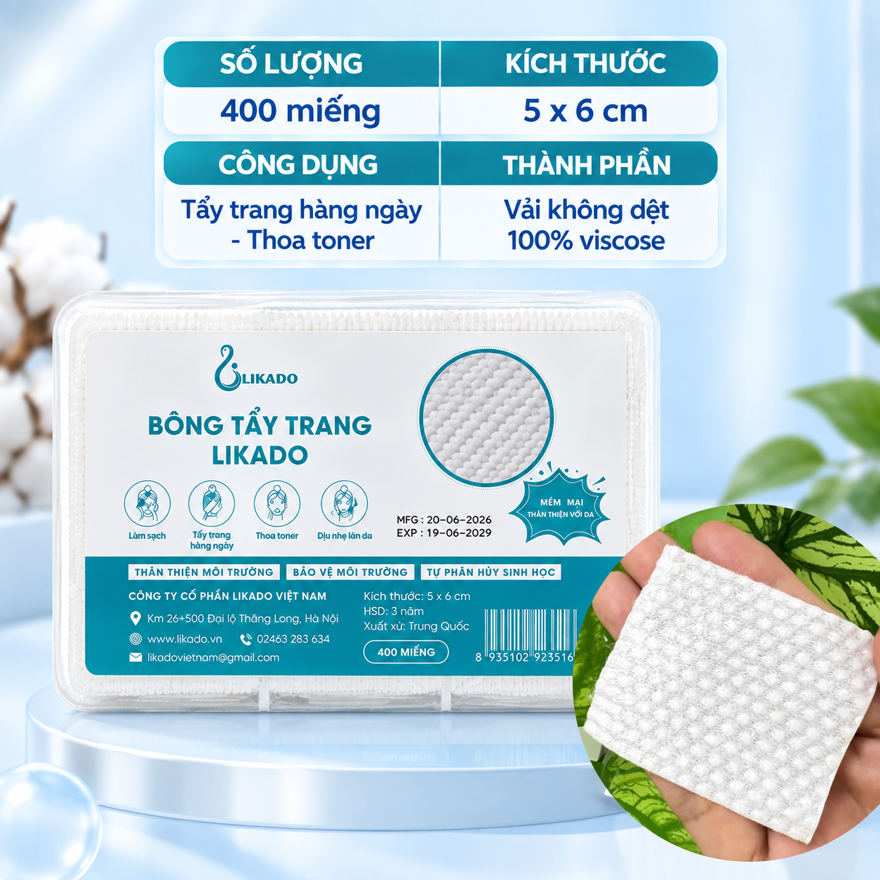 Bông tẩy trang Likado hộp 400 miếng kích thước 6cmx5cm