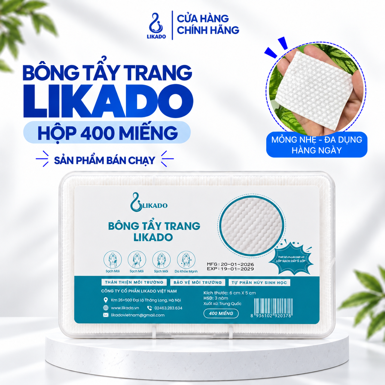 Bông tẩy trang Likado hộp 400 miếng kích thước 6cmx5cm