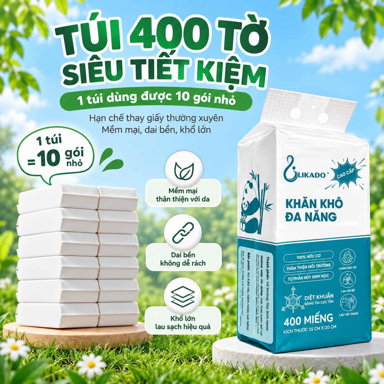 Khăn khô đa năng Likado 400 tờ 100% cotton kích thước 15*20cm