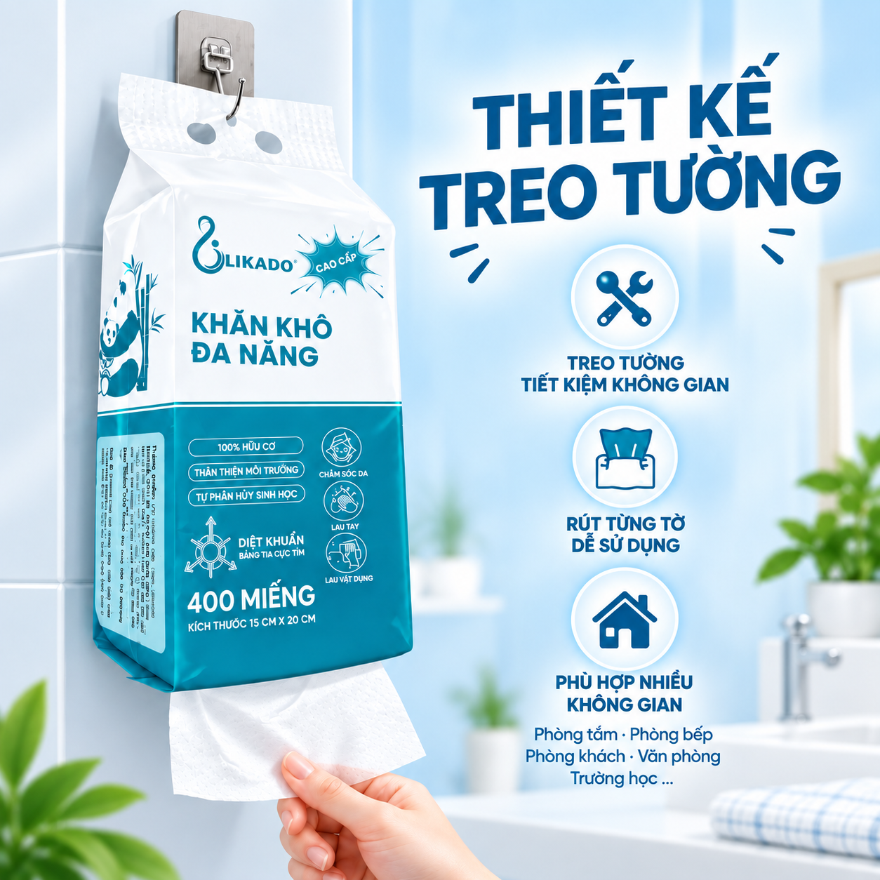 Khăn khô đa năng Likado 400 tờ 100% cotton kích thước 15*20cm