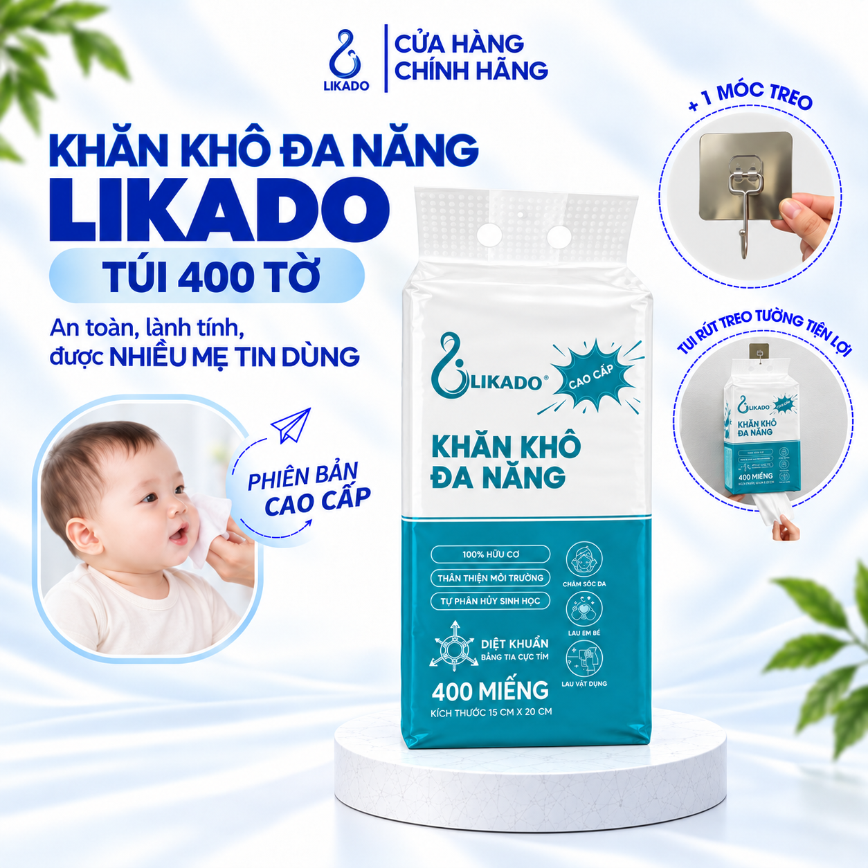 Khăn khô đa năng Likado 400 tờ 100% cotton kích thước 15*20cm