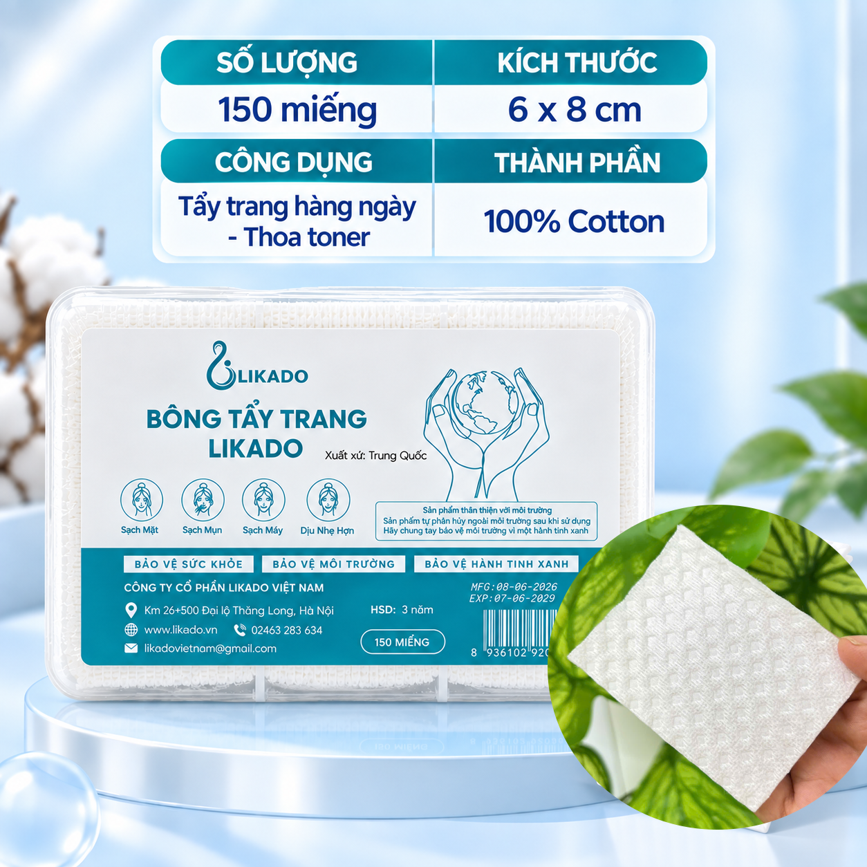 Bông tẩy trang Likado dạng hộp 150 miếng bông tự nhiên (6cm x 8cm)