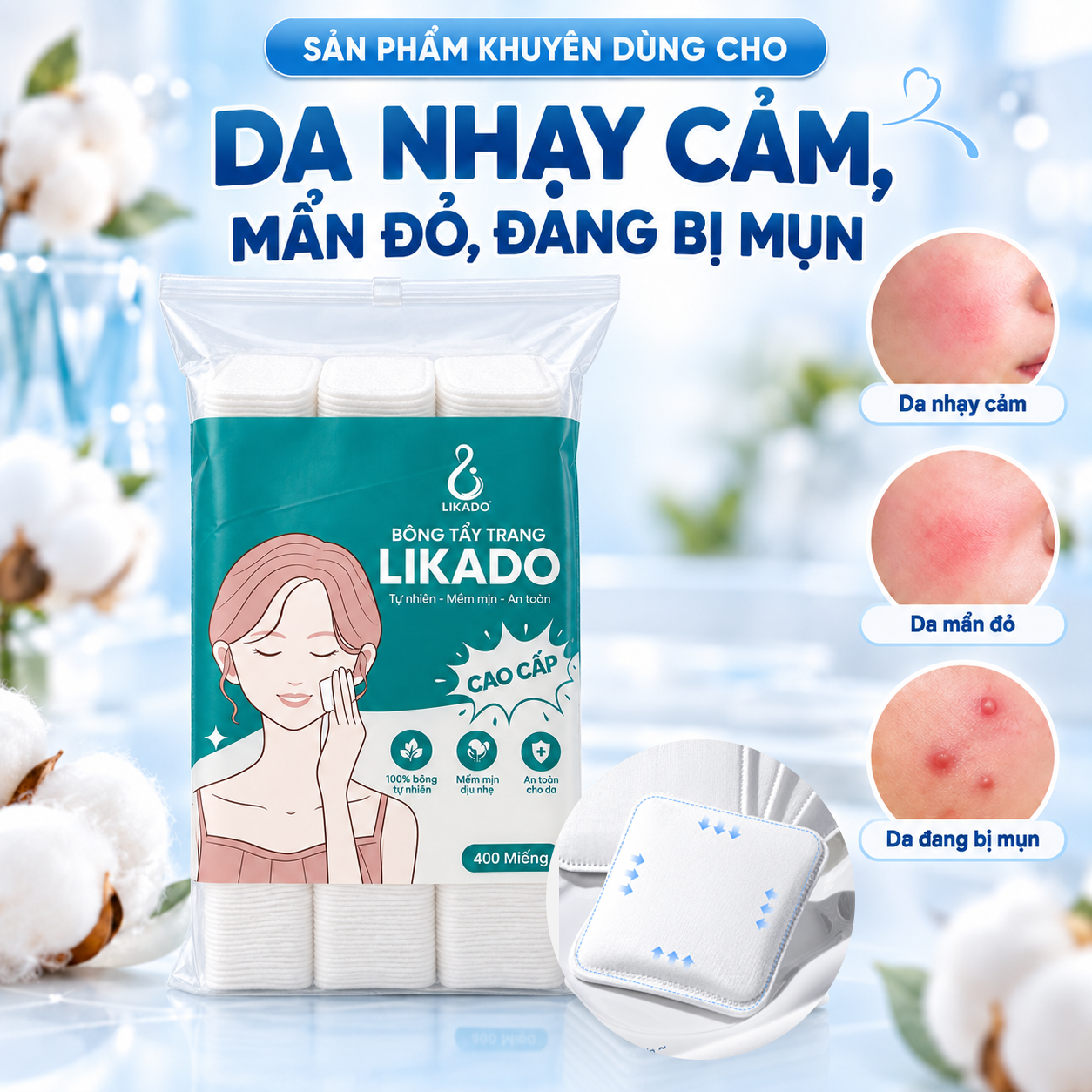 Bông tẩy trang Likado Túi 400 miếng bông hữu cơ kích thước 5 * 6cm