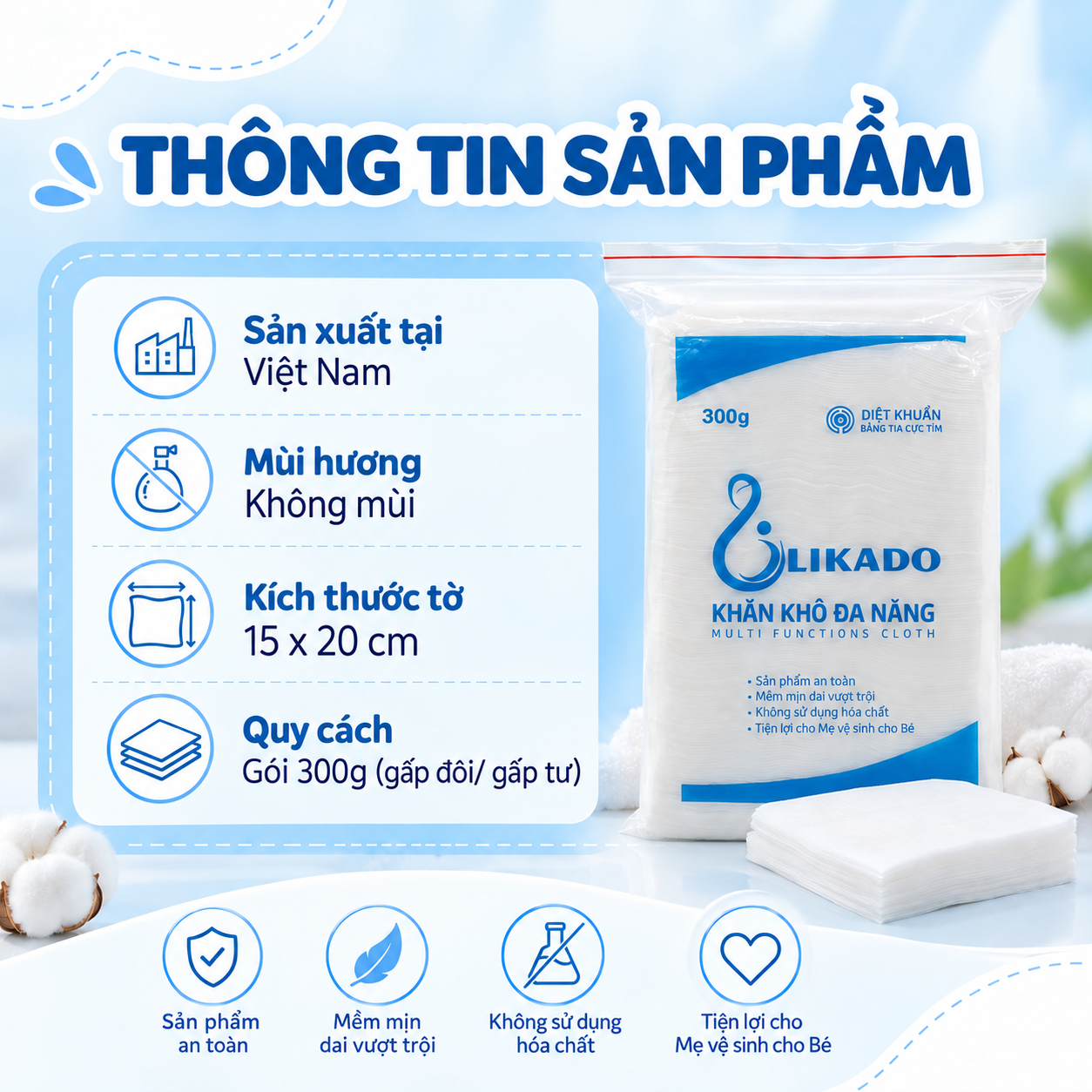 Combo 5 gói  khăn vải đa năng Likado 300g gấp đôi