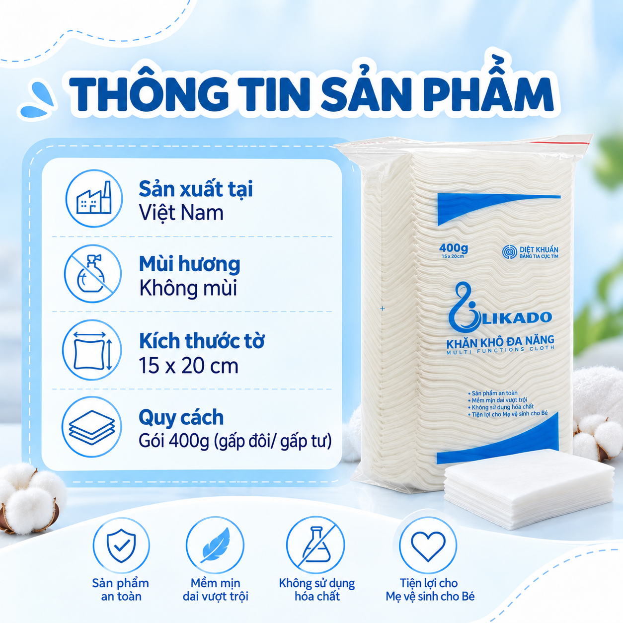Khăn khô đa năng Likado 400gr kích thước 15x20cm