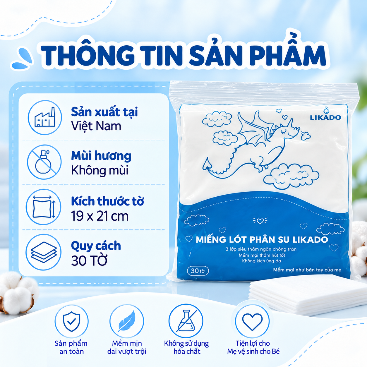 Tấm lót sơ sinh Likado túi 30 miếng