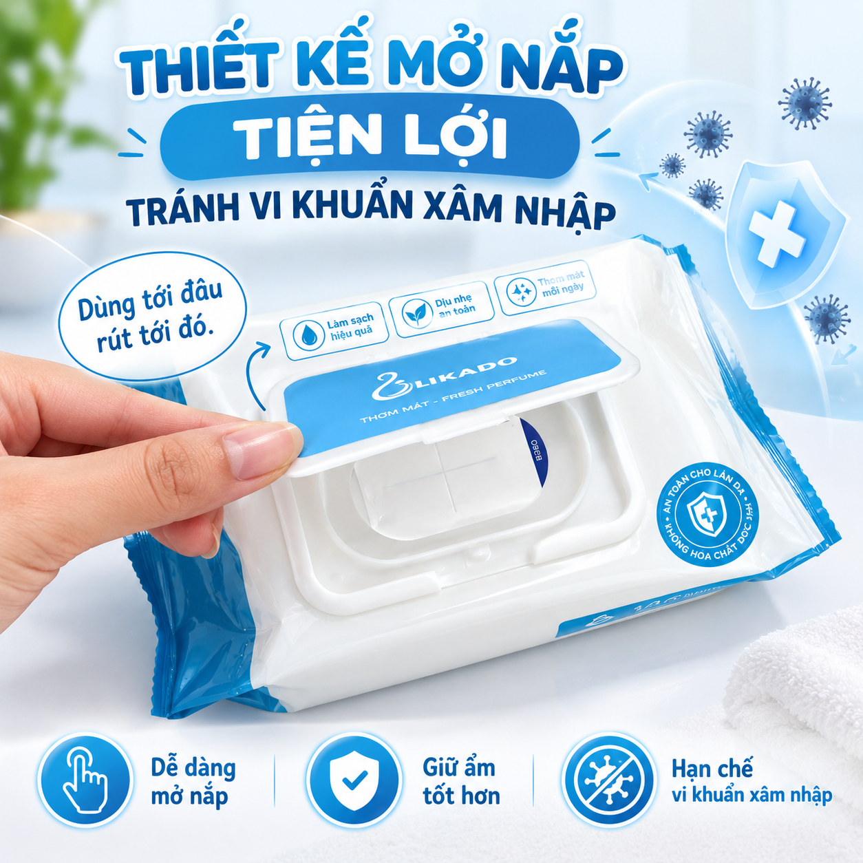 Khăn ướt không mùi cho bé Likado mới siêu mịn 1 hộp 100 miếng kt 15x20cm