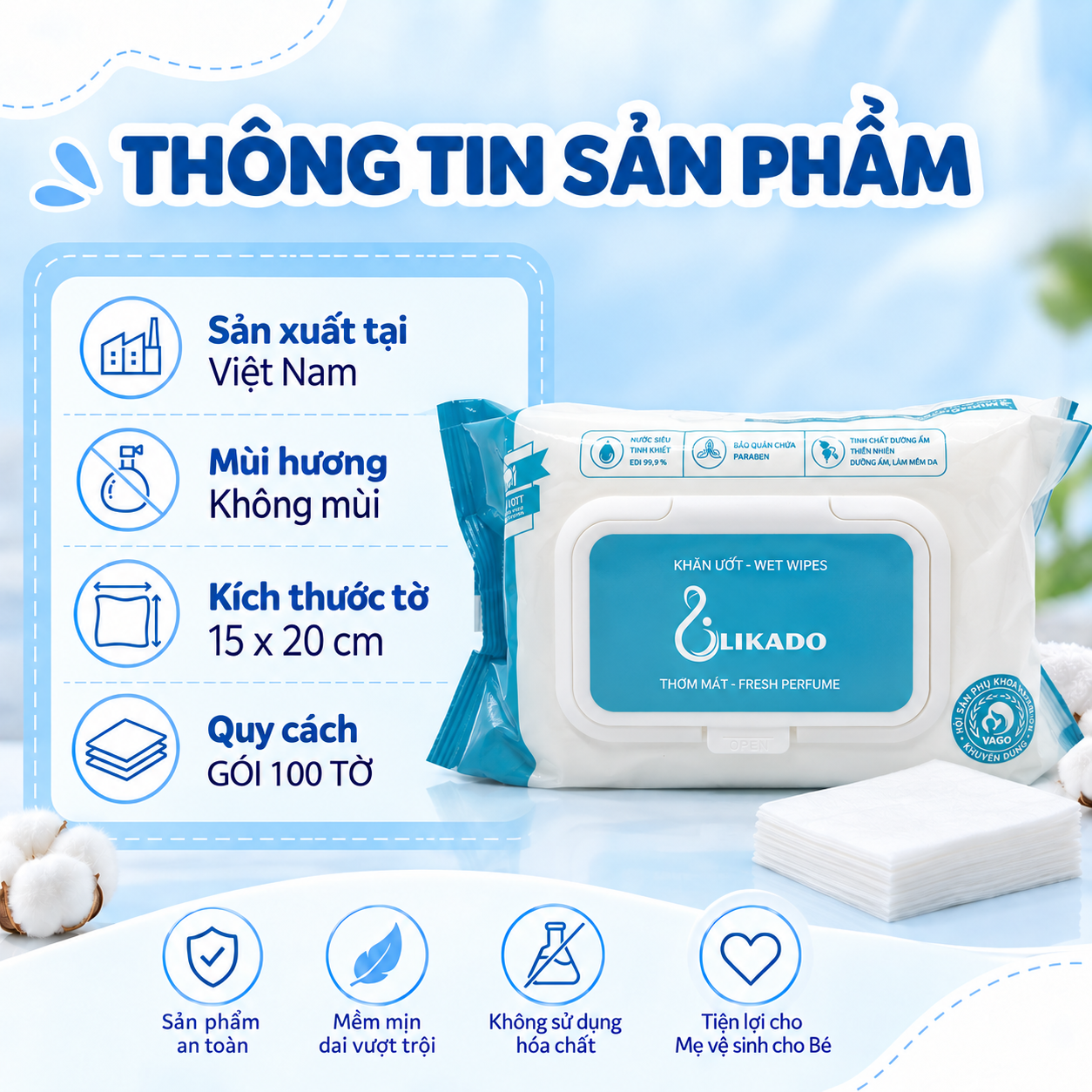 Khăn ướt không mùi cho bé Likado mới siêu mịn 1 hộp 100 miếng kt 15x20cm
