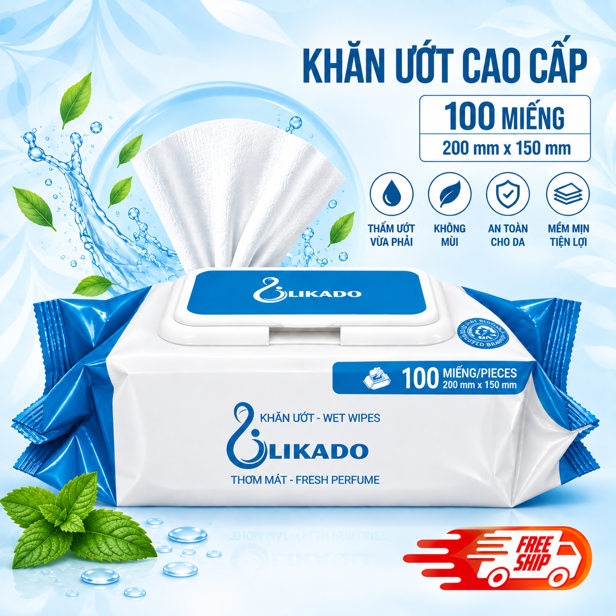 Khăn ướt không mùi cho bé Likado mới siêu mịn 1 hộp 100 miếng kt 15x20cm