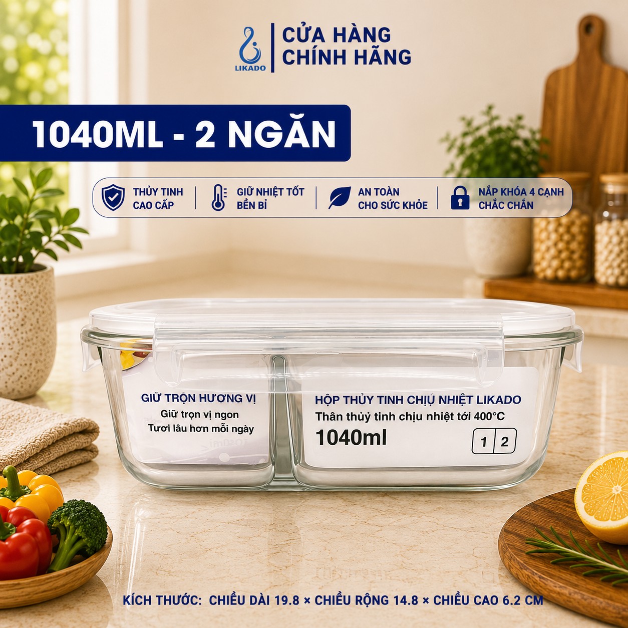 Hộp thủy tinh chữ nhật Likado chịu nhiệt, nắp đậy kín, dùng được trong lò vi sóng