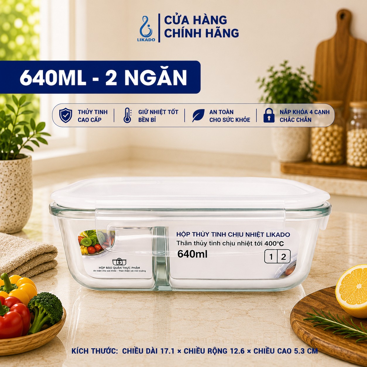 Hộp thủy tinh chữ nhật Likado chịu nhiệt, nắp đậy kín, dùng được trong lò vi sóng