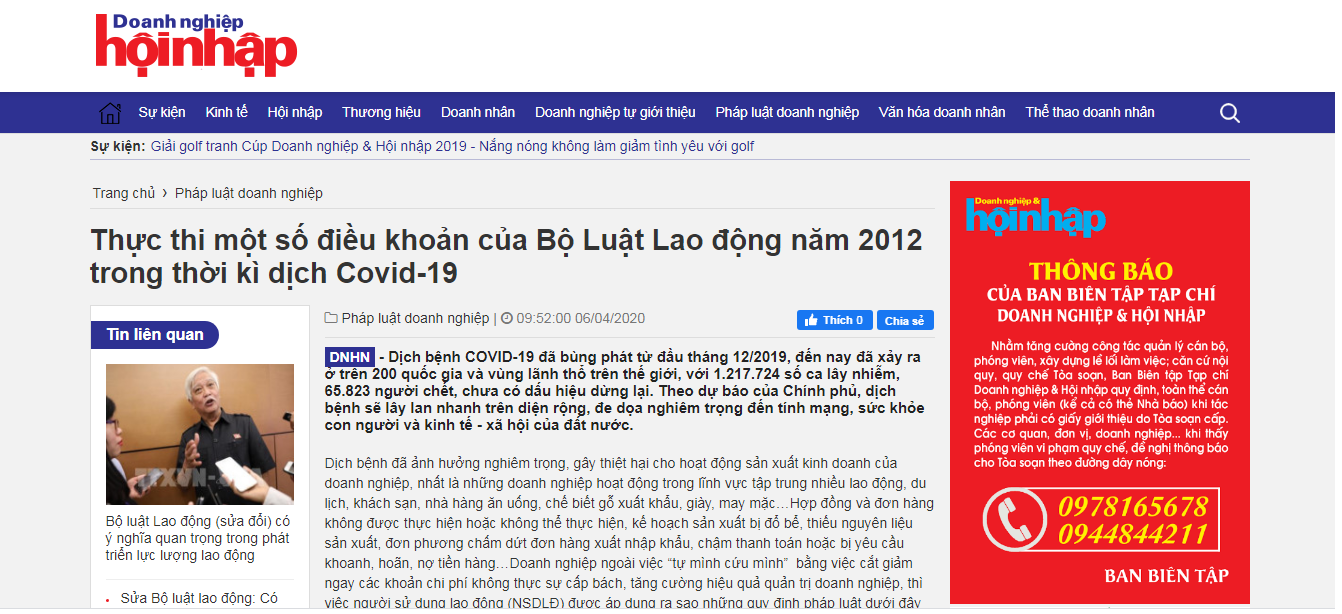 THỰC THI MỘT SỐ ĐIỀU KHOẢN CỦA BỘ LUẬT LAO ĐỘNG 2012 TRONG THỜI KỲ DỊCH BỆNH COVID 19