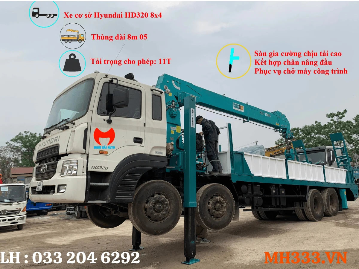 Xe Hyundai HD320 gắn cẩu Everdigm HLC-12015 với thùng dài 8 mét, chân chống đã hạ