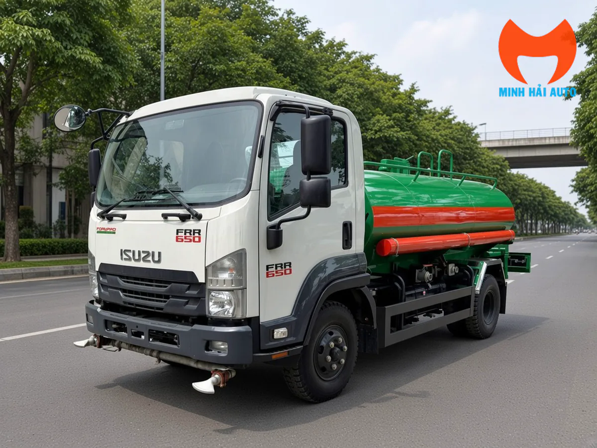 Xe phun nước Isuzu FRR cabin trắng và bồn xanh có dải đỏ, nhìn từ góc trước ba phần tư bên trái