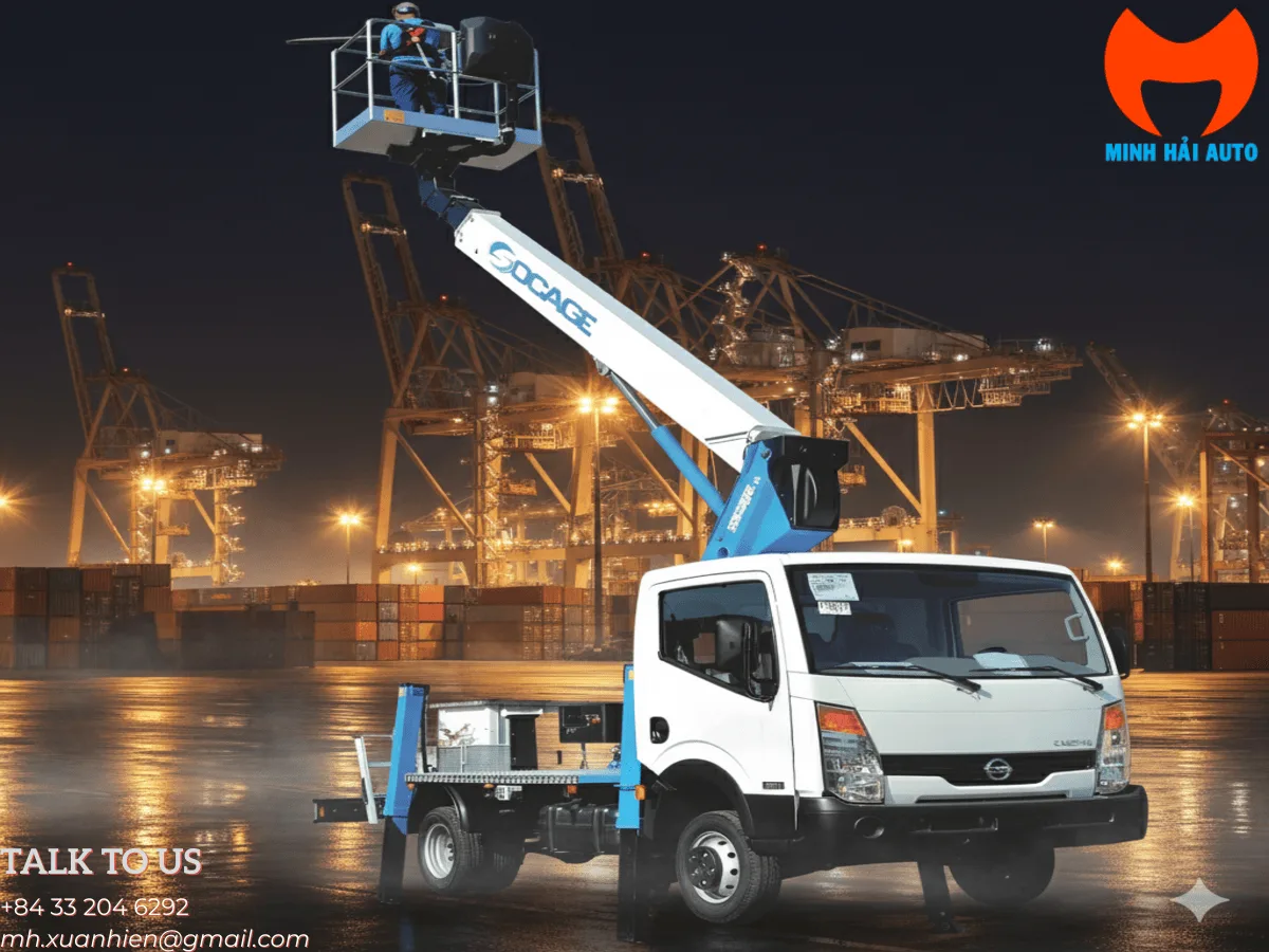 Xe nâng người gắn trên xe tải có bộ nâng Socage đang làm việc trên cao