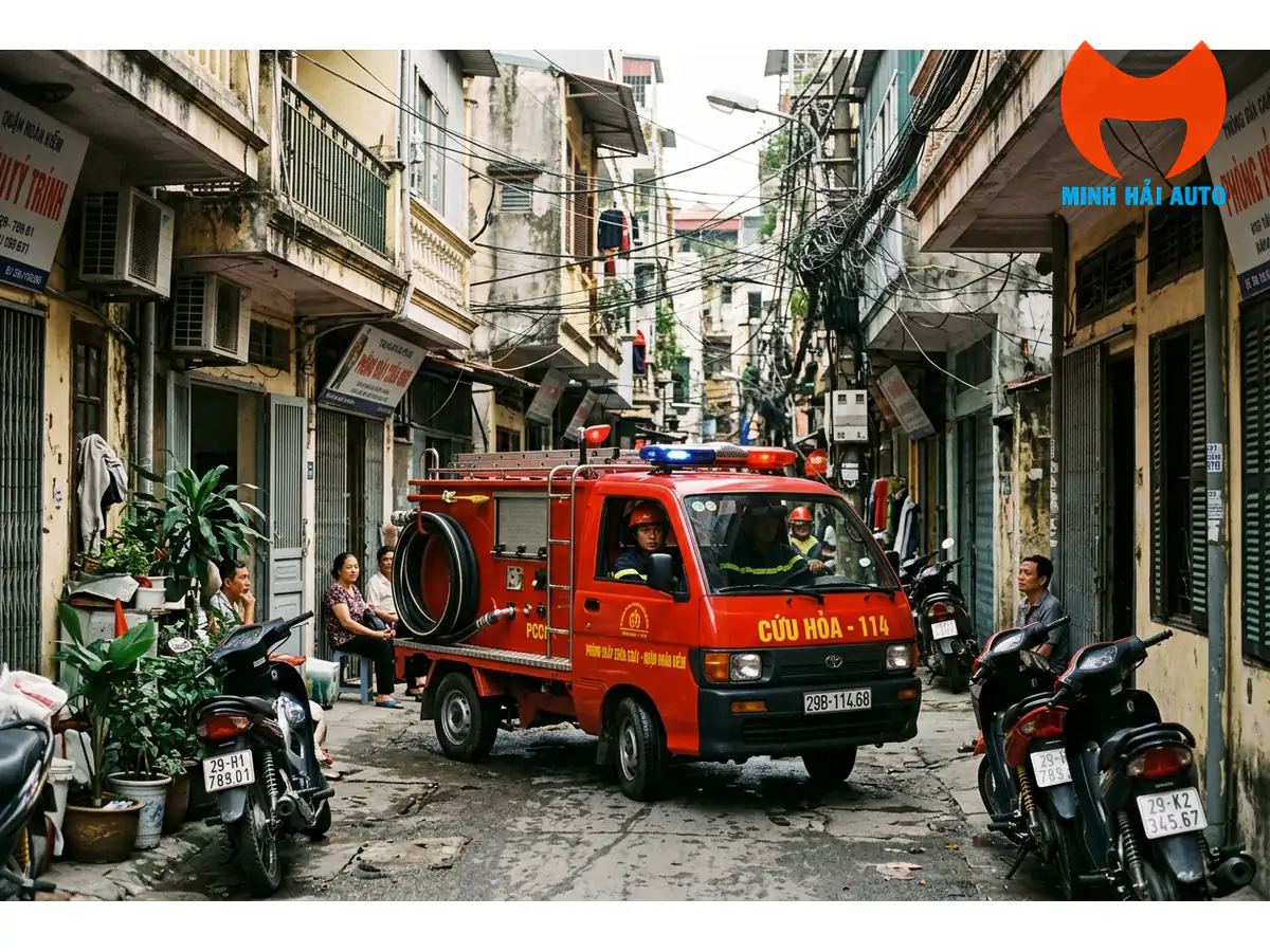 Minh họa xe cứu hỏa mini trong ngõ hẹp