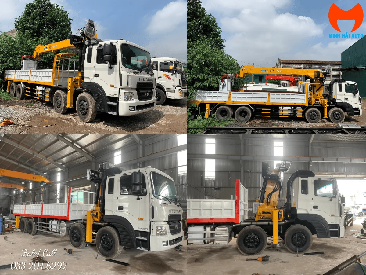 Cẩu tự hành Hyundai Everdigm HLC-10015 màu vàng lắp trên xe tải Hyundai HD320 bốn chân, chân chống hạ hai bên khi làm việc
