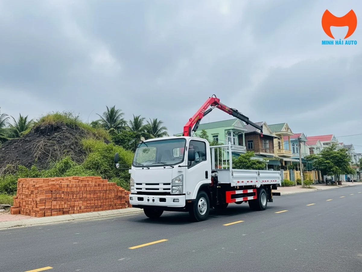 Xe tải Isuzu ca-bin trắng gắn cẩu gập màu đỏ, đỗ bên đường cạnh đống gạch