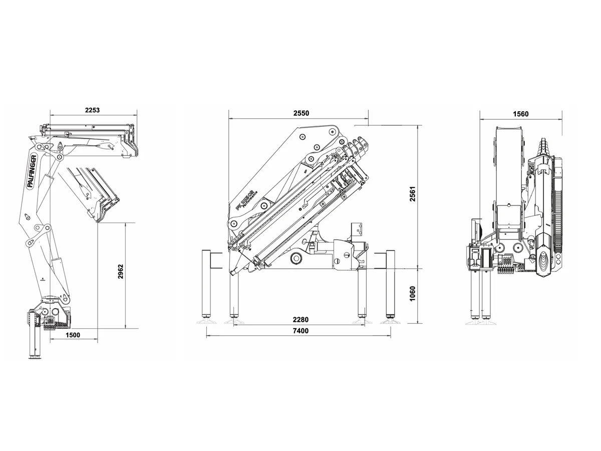 Bản vẽ kỹ thuật cẩu Palfinger PK 55502 với ba hình chiếu, ghi độ mở chân chống 7400 mm và không gian lắp đặt 1560 mm