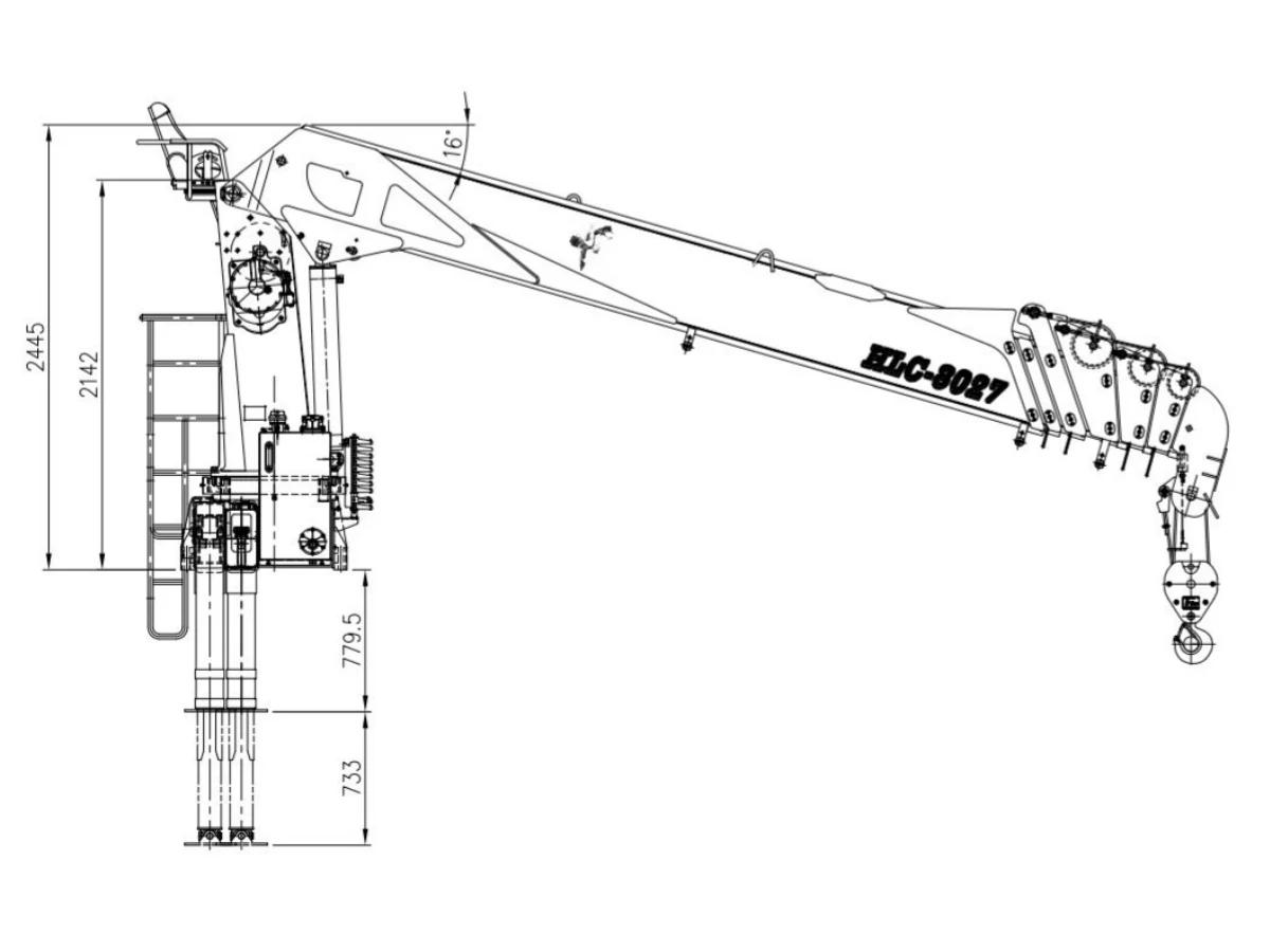 Bản vẽ kỹ thuật cẩu Hyundai Everdigm nhìn từ bên hông, chữ HLC-8027 kẻ trên thân cần, kèm kích thước 2445 mm và 2142 mm