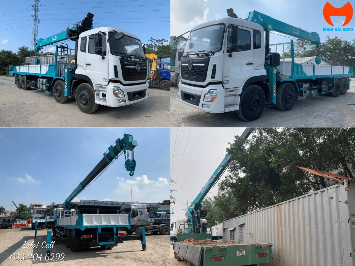 Cẩu tự hành Everdigm màu xanh ngọc lắp trên xe tải Dongfeng bốn chân, chụp từ nhiều góc cho thấy cụm cần gập và bệ cẩu sau cabin