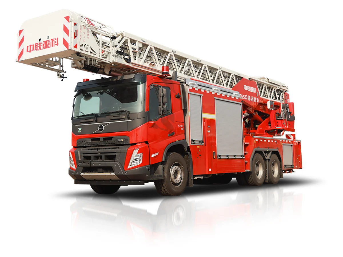 Ảnh tổng thể xe chữa cháy thang nâng 55m Zoomlion với thang gập gọn trên nóc