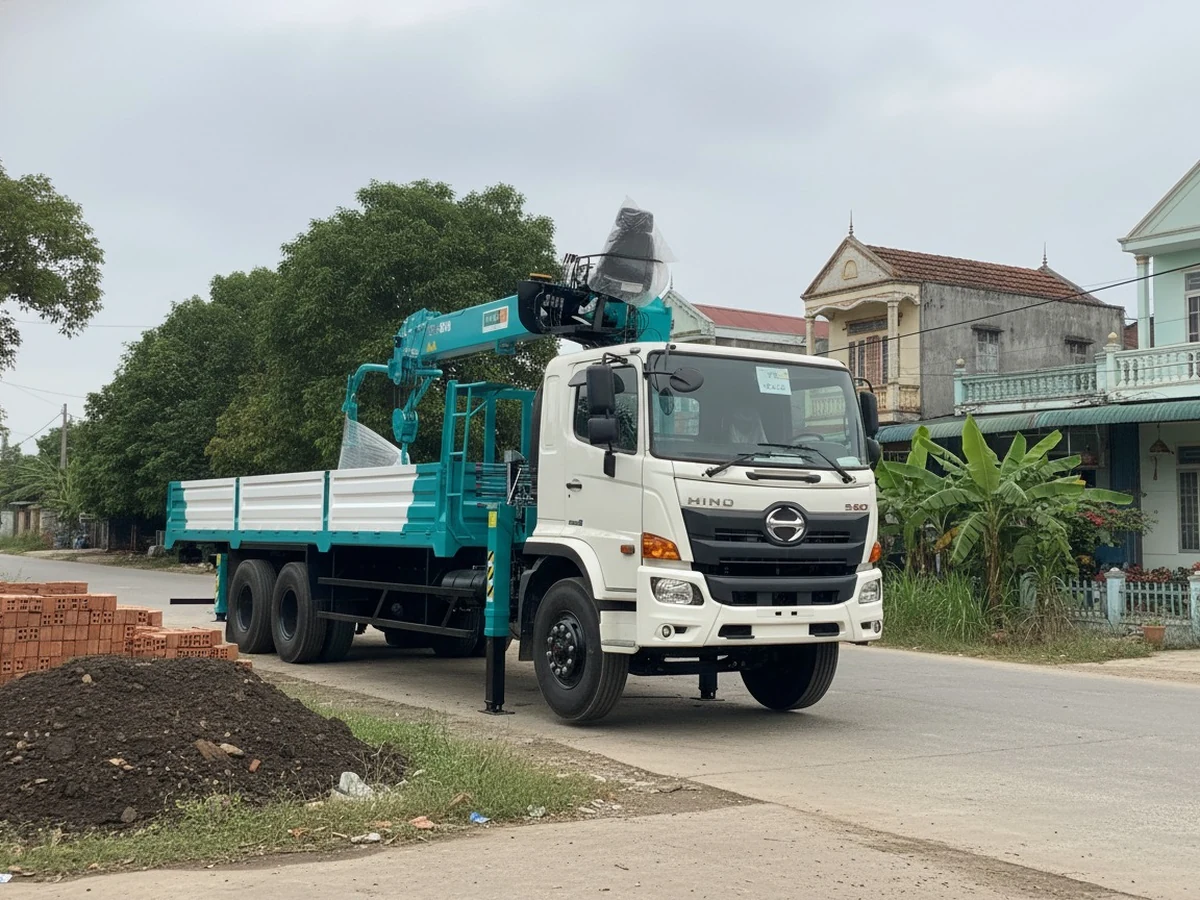 Xe tải Hino 500 ba chân cabin trắng gắn cẩu tự hành màu xanh ngọc, thùng lửng trắng xanh, đỗ ven đường