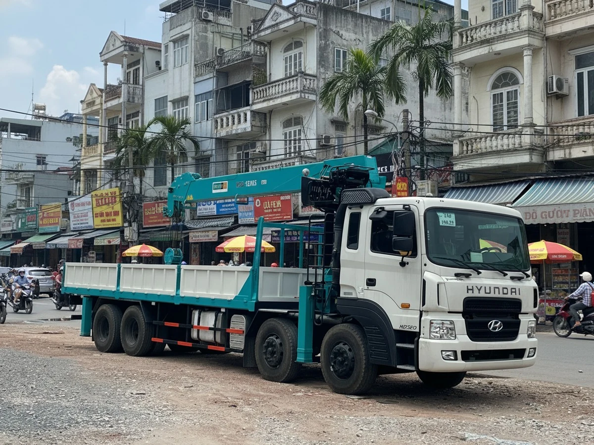 Xe tải Hyundai HD320 bốn chân màu trắng gắn cẩu Hyundai Everdigm màu xanh ngọc, thùng lửng thành mở, đỗ trên phố