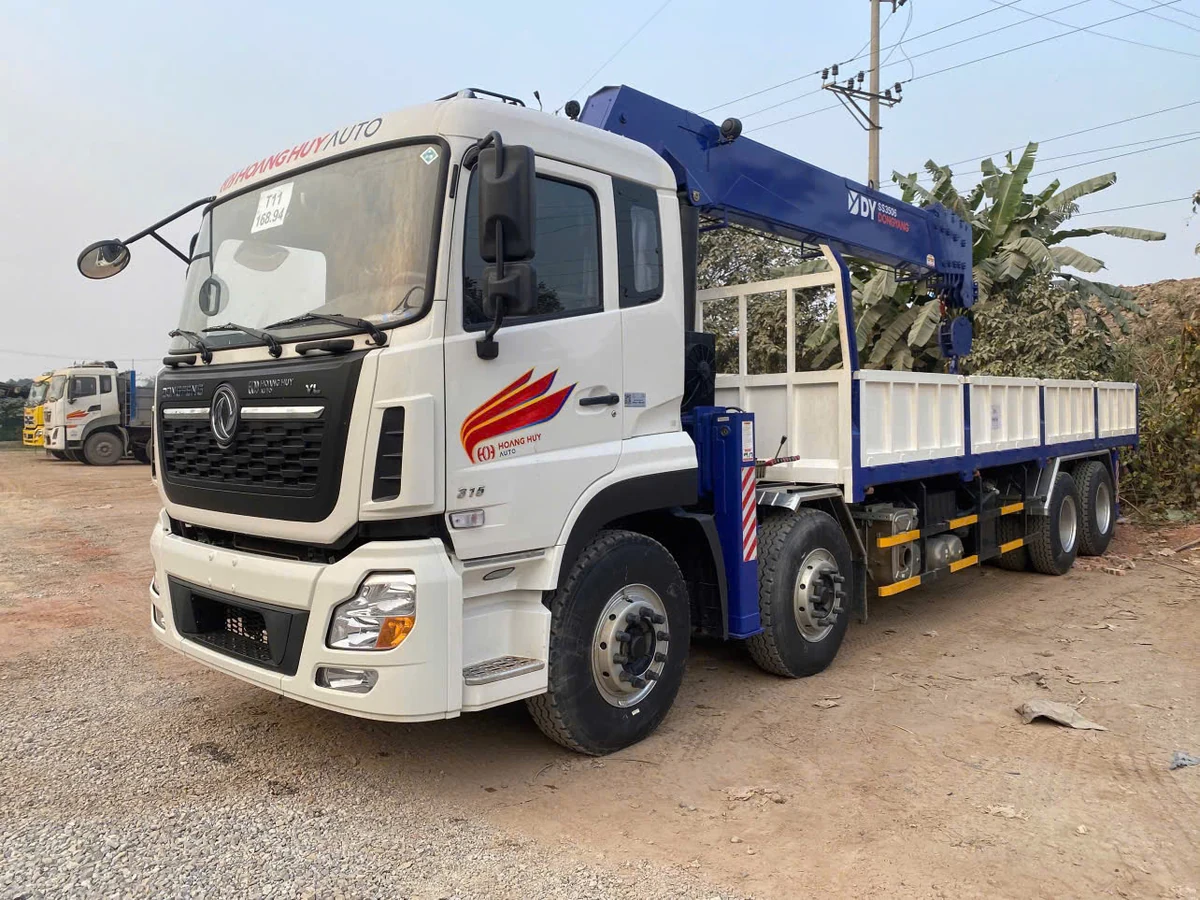 Nhãn DY SS3506 DONGYANG in trên thân cần cẩu lục giác màu xanh dương, phía sau là cabin xe Dongfeng