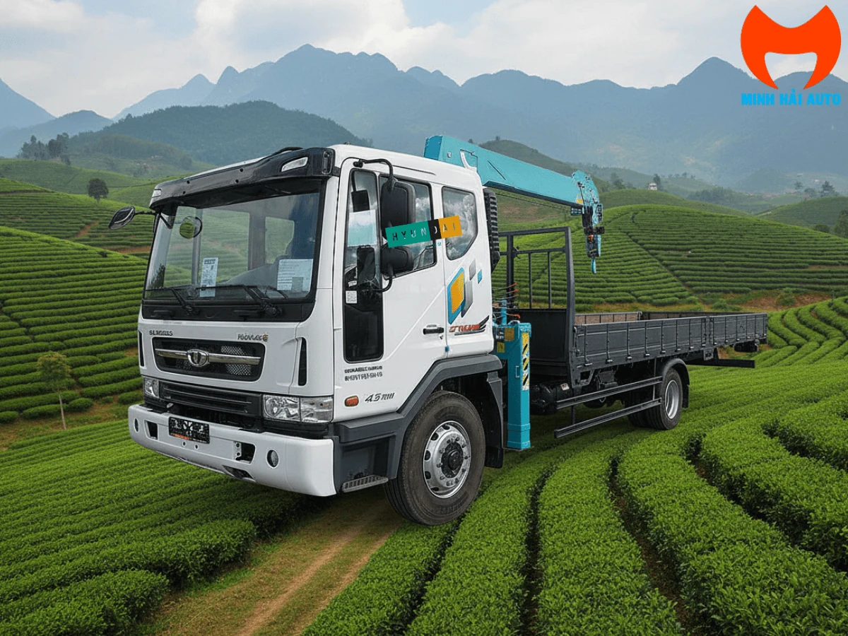 Xe cẩu Daewoo Novus với cần cẩu thu gọn nằm trên thùng, chụp tại đồi chè