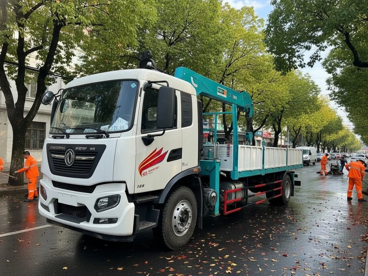 Xe tải Dongfeng cabin trắng gắn cẩu tự hành màu xanh ngọc đang làm việc trên đường phố có công nhân vệ sinh
