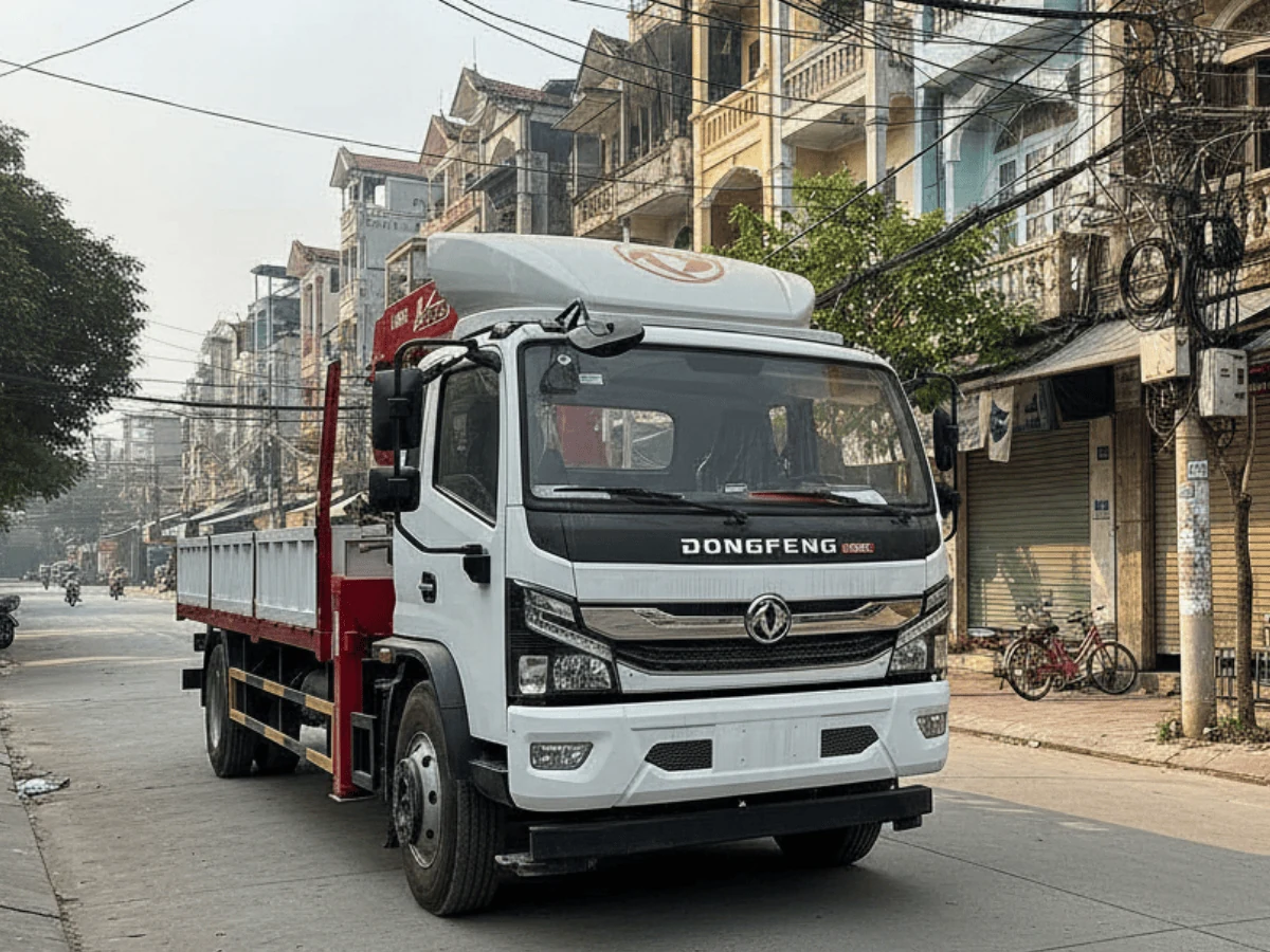 Xe tải Dongfeng gắn cẩu UNIC đỏ đang chạy trên đường phố, thùng lửng trống, nhà dân hai bên