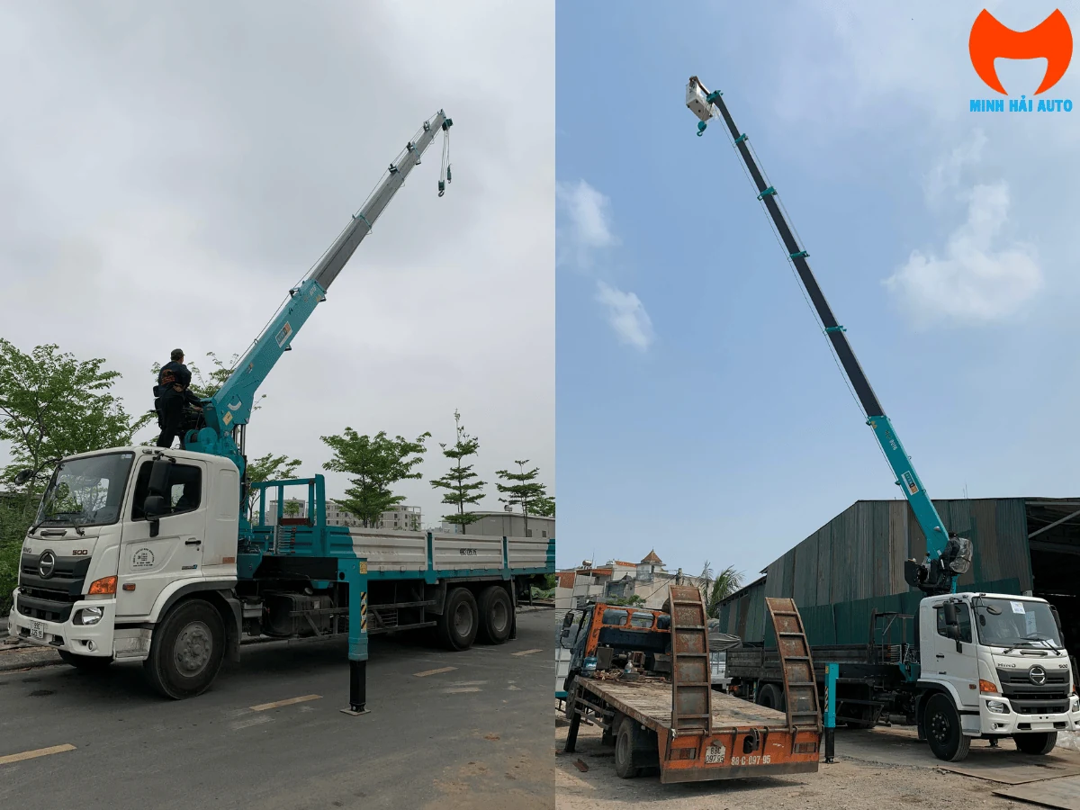 Xe tải Hino 500 gắn cẩu tự hành Everdigm màu xanh ngọc, cần cẩu duỗi trong tư thế làm việc tại bãi tập kết