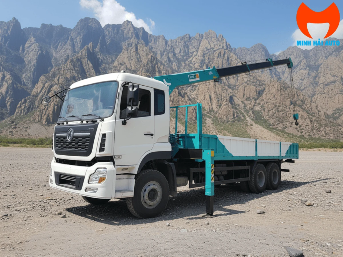 Xe tải Dongfeng ba chân gắn cẩu xanh ngọc nhìn ngang, cần cẩu xếp gọn phía trước thùng lửng