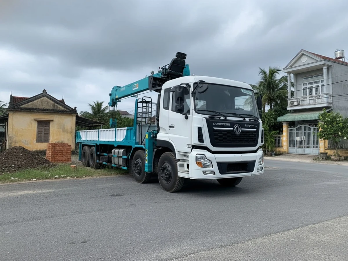 Xe tải Dongfeng năm chân cabin trắng gắn cẩu Hyundai Everdigm màu xanh ngọc, thùng lửng trắng xanh