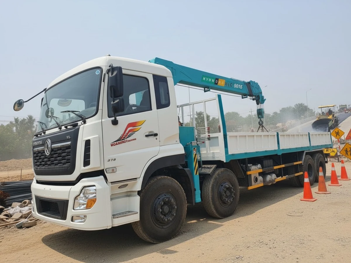 Xe tải Dongfeng gắn cẩu Hyundai Everdigm màu xanh ngọc đang đỗ tại công trường đang thi công đường