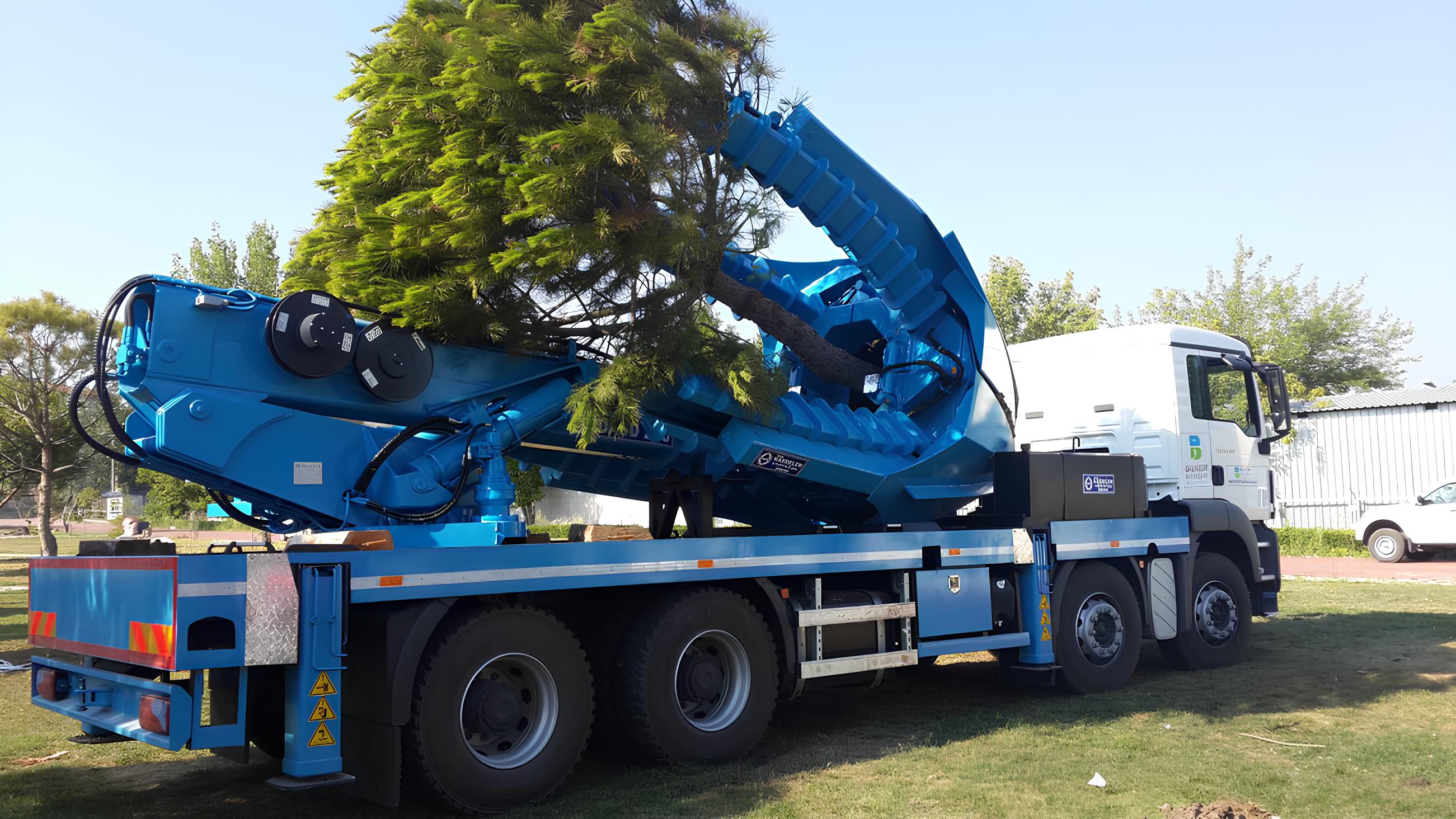 Máy bứng cây KDF gắn trên xe tải Hino đang đào bầu cây chuyên nghiệp.