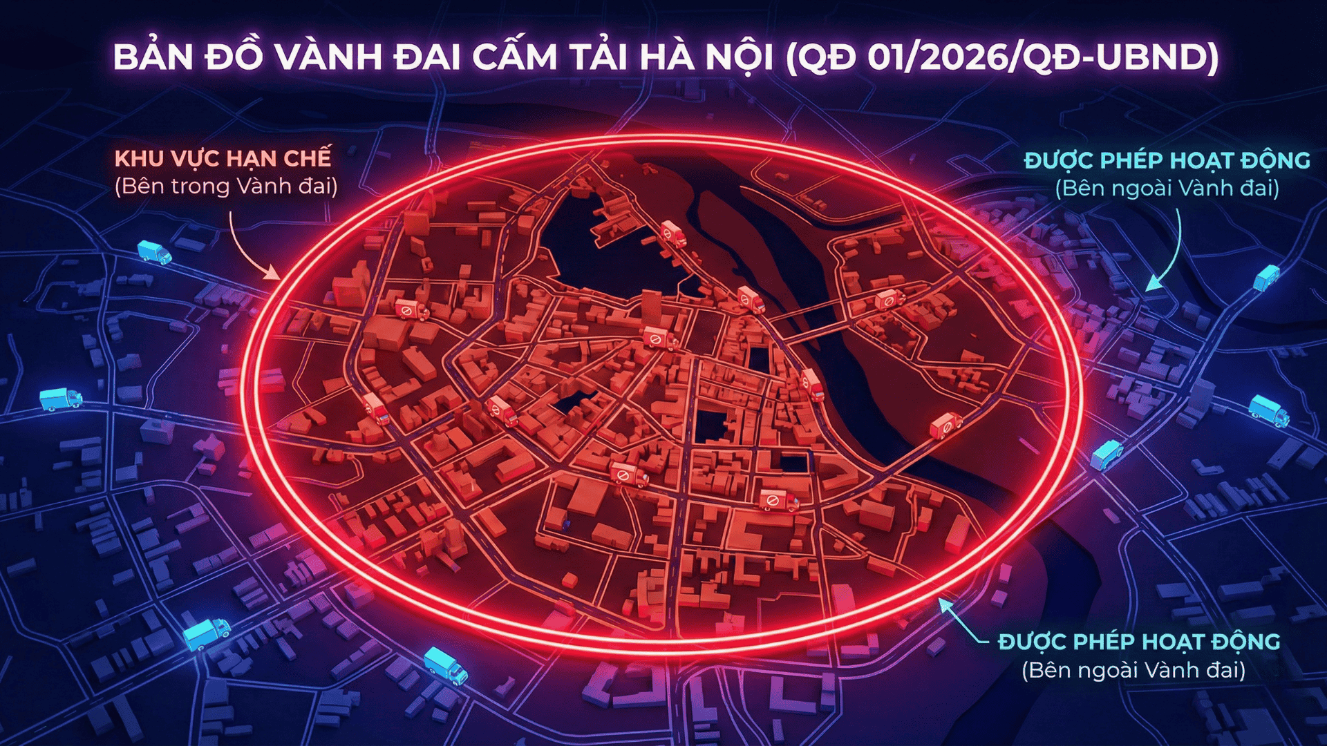 Bản đồ mô phỏng phạm vi vành đai hạn chế và các tuyến đường cấm xe tải đi vào trung tâm thành phố Hà Nội theo quy định mới năm 2026.