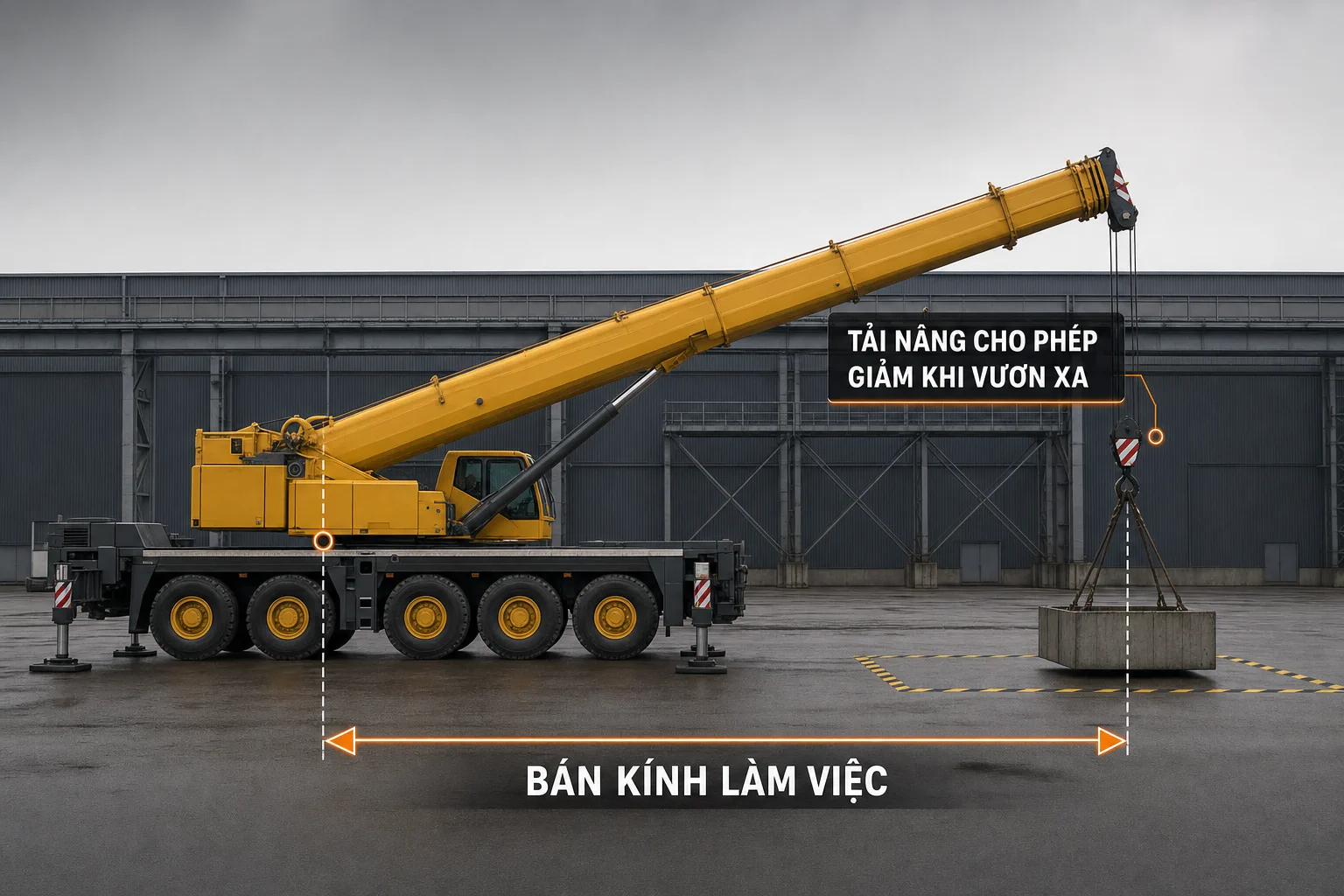 Bán kính làm việc của xe cẩu bánh lốp Minh họa bán kính làm việc và tải nâng cho phép của xe cẩu bánh lốp