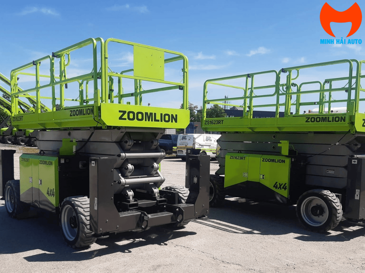Tổng thể xe nâng người cắt kéo 18m Zoomlion ZS1623RT màu xanh trắng đặc trưng