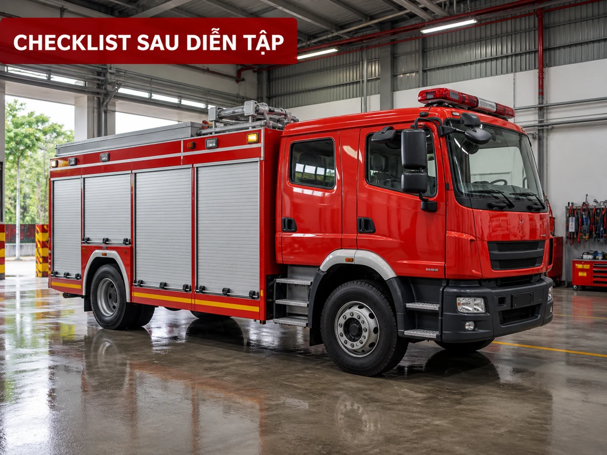 Bảo dưỡng xe chữa cháy sau diễn tập trong xưởng sạch