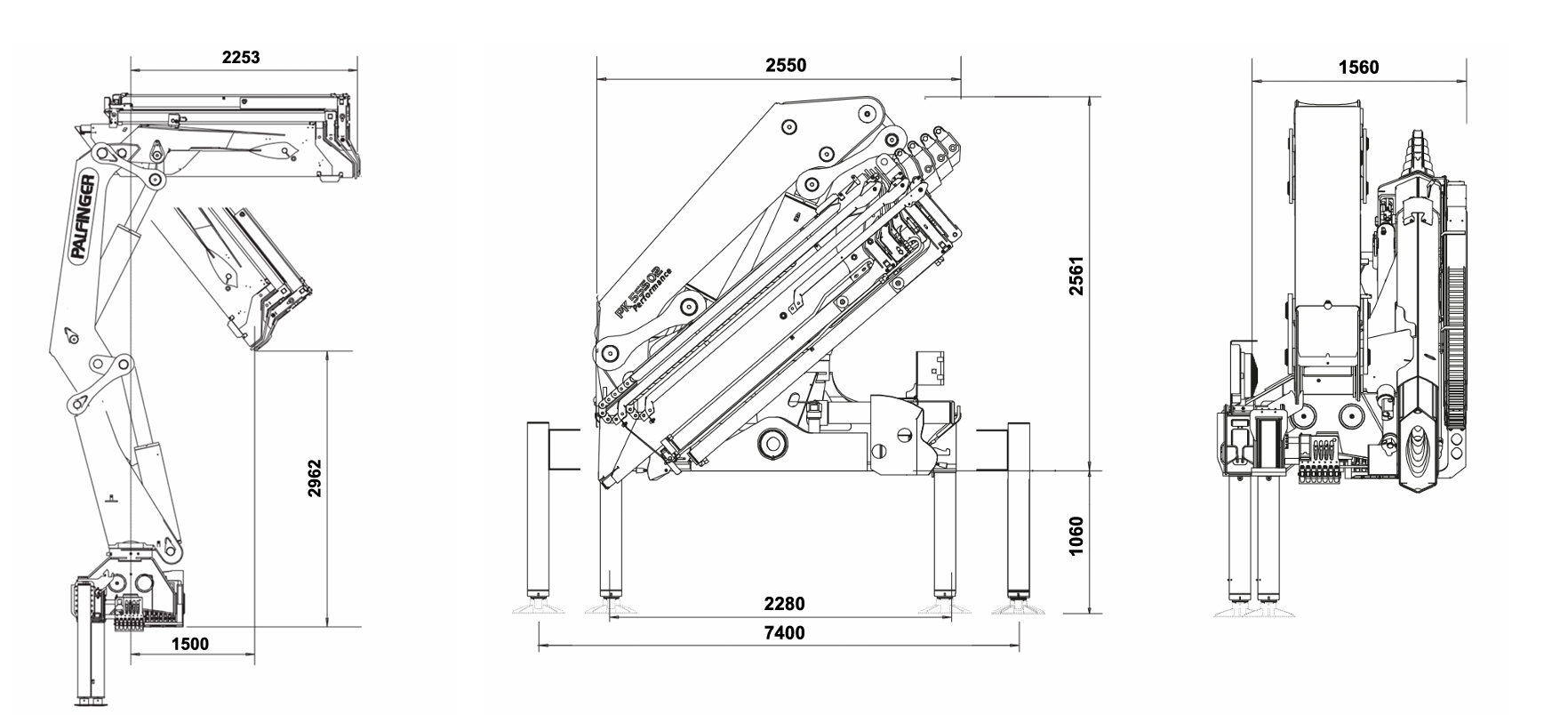Biểu đồ tải trọng chi tiết của cẩu gập Palfinger 20 tấn PK 55502.