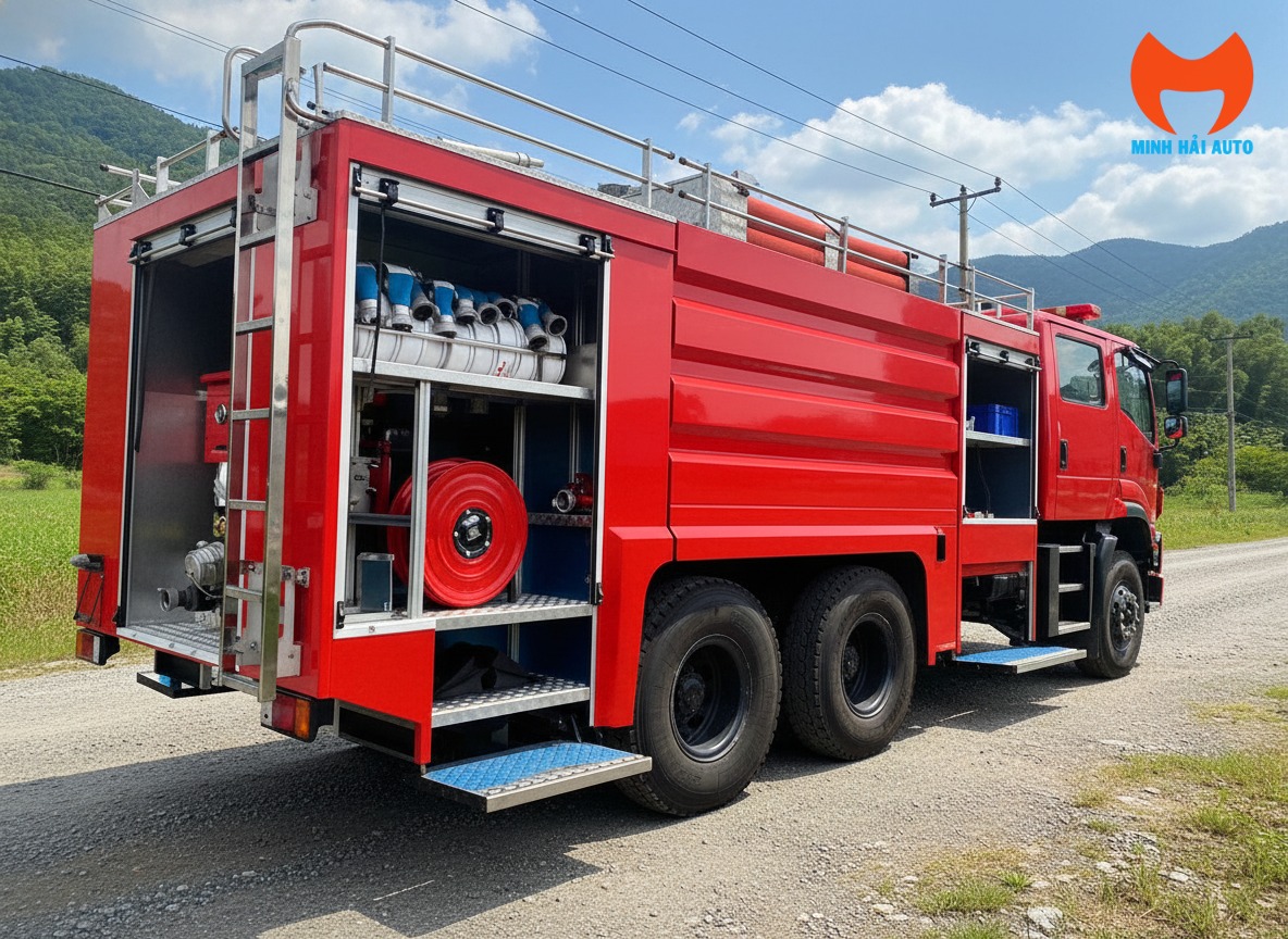 Cabin kép 6 chỗ ngồi rộng rãi của xe cứu hỏa ISUZU FVZ60QE5.