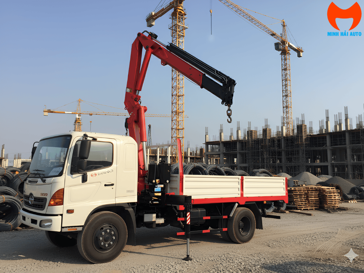 Cận cảnh cẩu gập robot Palfinger PK 23500 công nghệ Áo đang vươn cần bốc dỡ hàng hóa nặng.