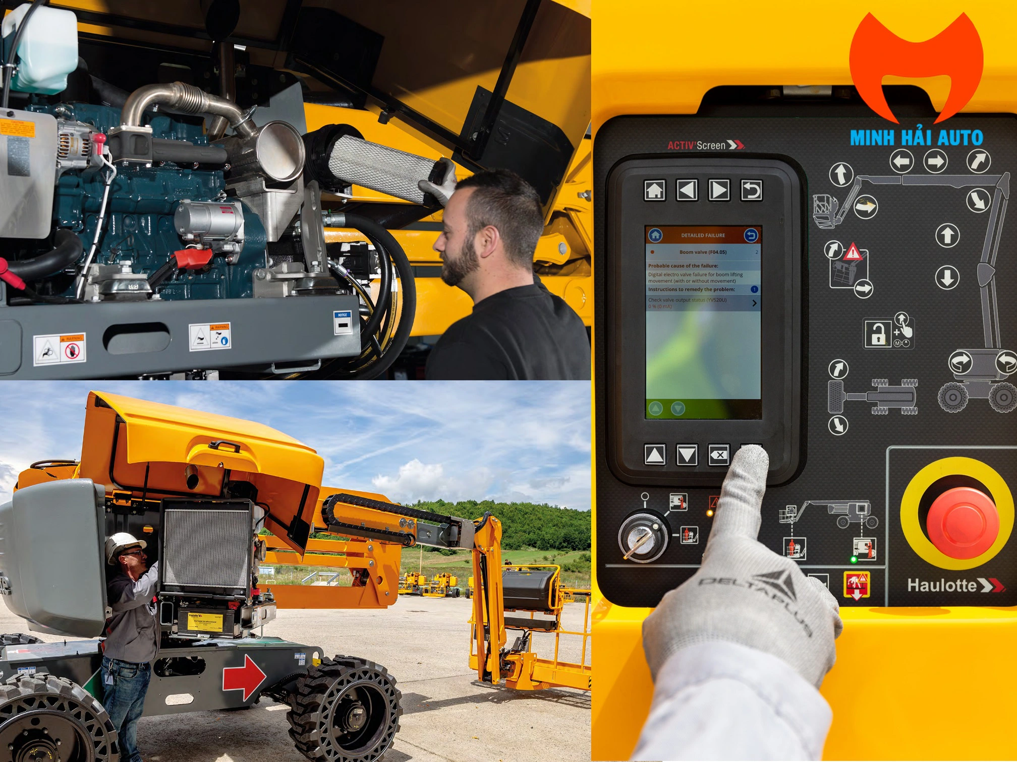 Cận cảnh hệ thống 4 bánh lái địa hình của xe nâng người Haulotte 16m RTJ PRO.