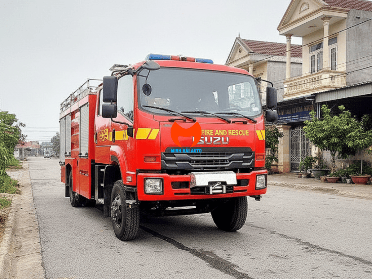 Cận cảnh hệ thống bơm và lăng giá điều khiển từ xa HM345 trên xe chữa cháy Isuzu